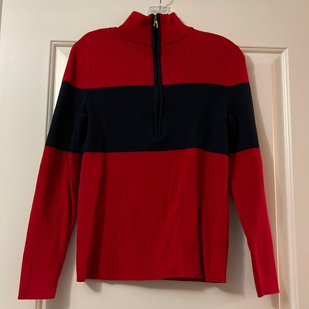 LAUREN ACTIVE-RALPH LAUREN Red-Navy Striped Long Sleeve Half-Zip Sweater Sz L